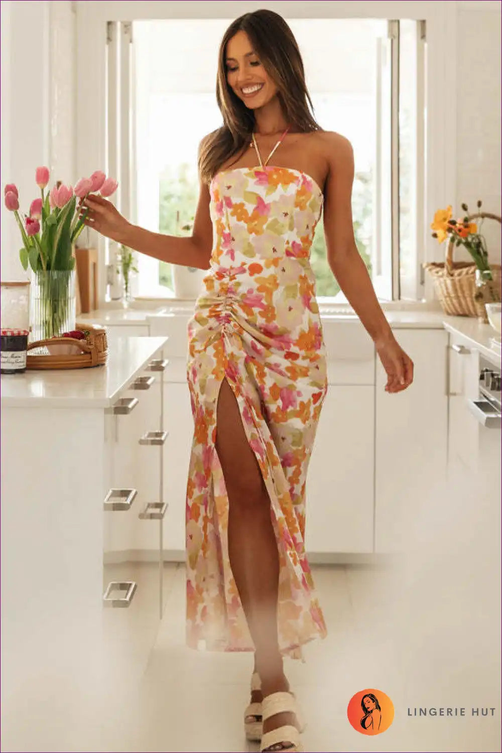 Maxi Dress with Halter Neckline - Summer Statement for Backless, Boho, Cutout, Dress, Floral