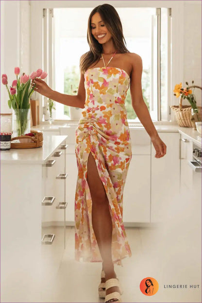 Maxi Dress with Halter Neckline - Summer Statement for Backless, Boho, Cutout, Dress, Floral