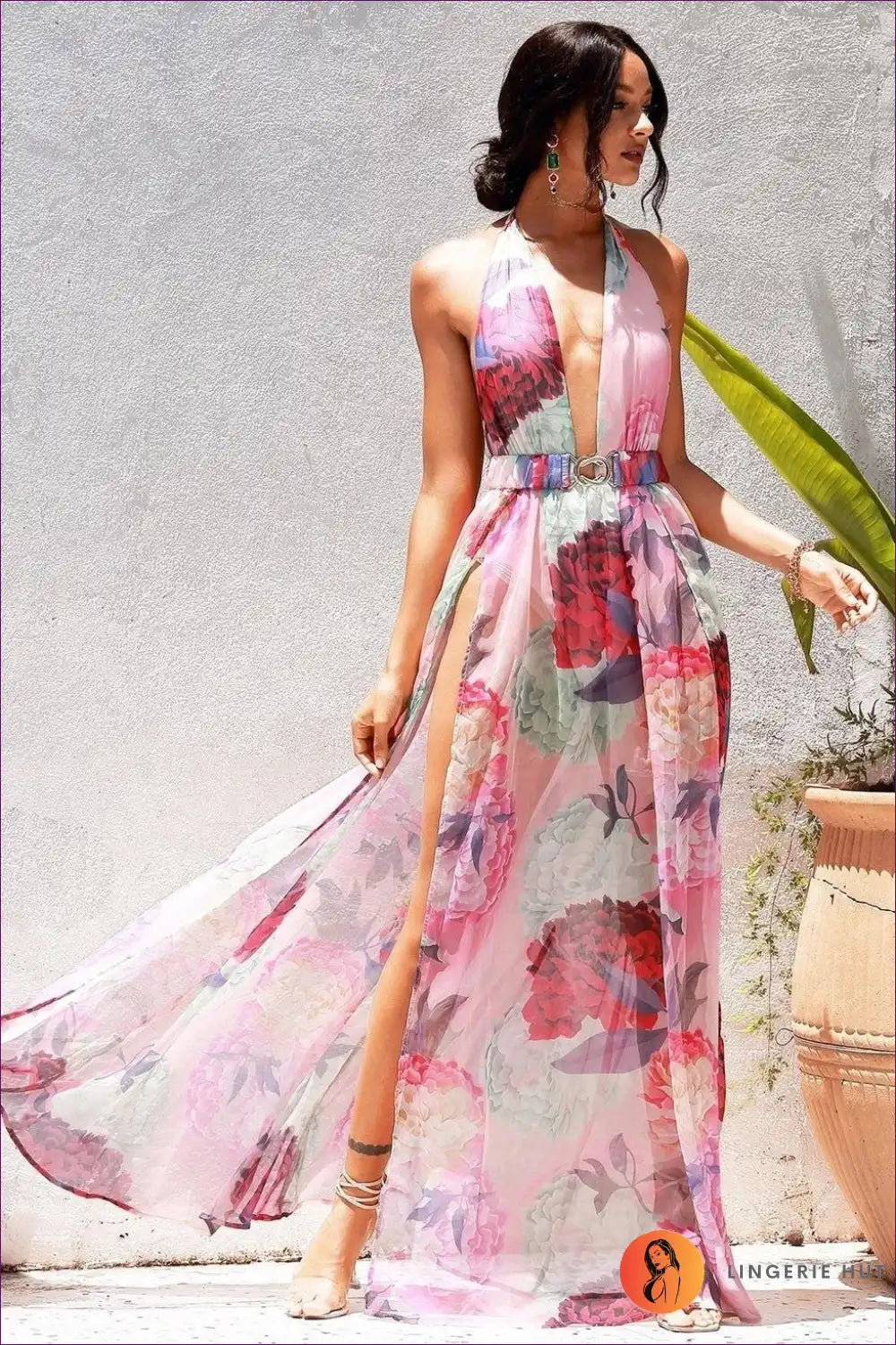 Maxi Dress with Halter Neckline - Sunset Confidence for A-line, Backless, Chiffon, Cutout,