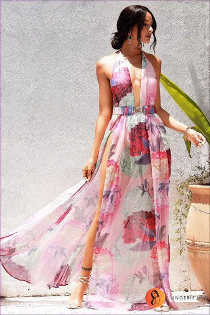 Maxi Dress with Halter Neckline - Sunset Confidence for A-line, Backless, Chiffon, Cutout,