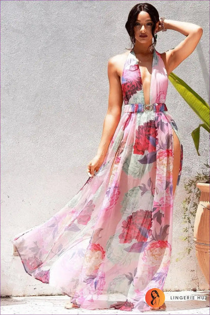 Maxi Dress with Halter Neckline - Sunset Confidence for A-line, Backless, Chiffon, Cutout,