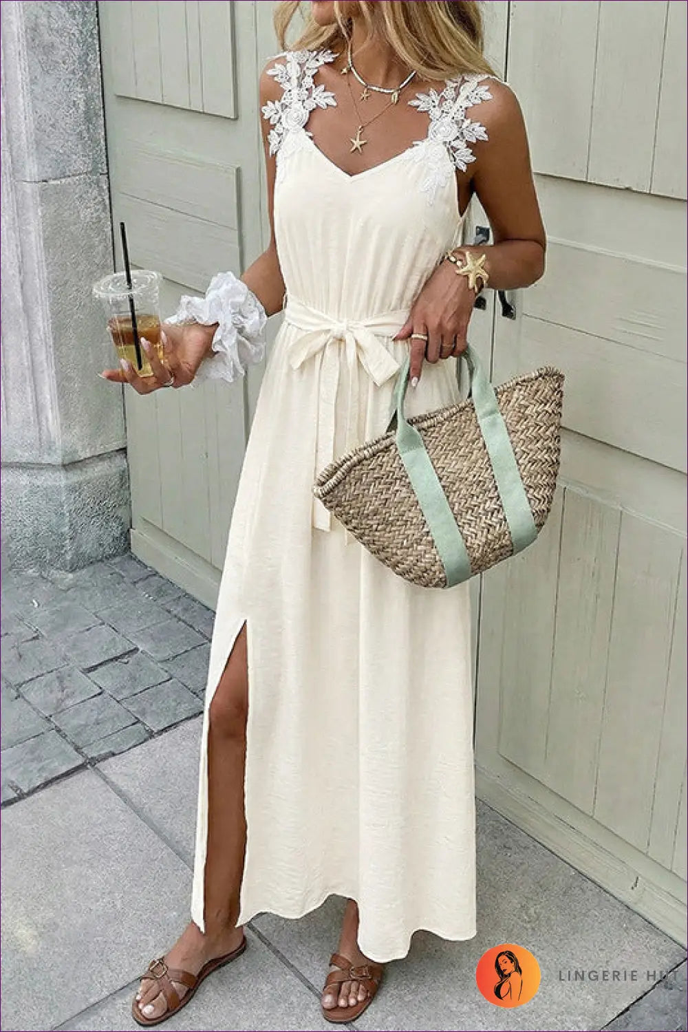 Lace Appliqué Maxi Dress - Cream - Dresses - A-line • Belted • Bridal • Clothing • Lingerie Hut