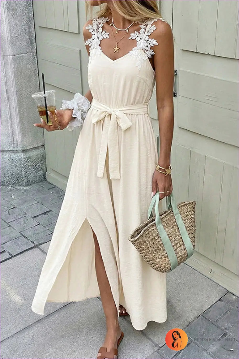 Lace Appliqué Maxi Dress - Cream - s / Ivory - Dresses - A-line • Belted • Bridal • Clothing • Lingerie Hut