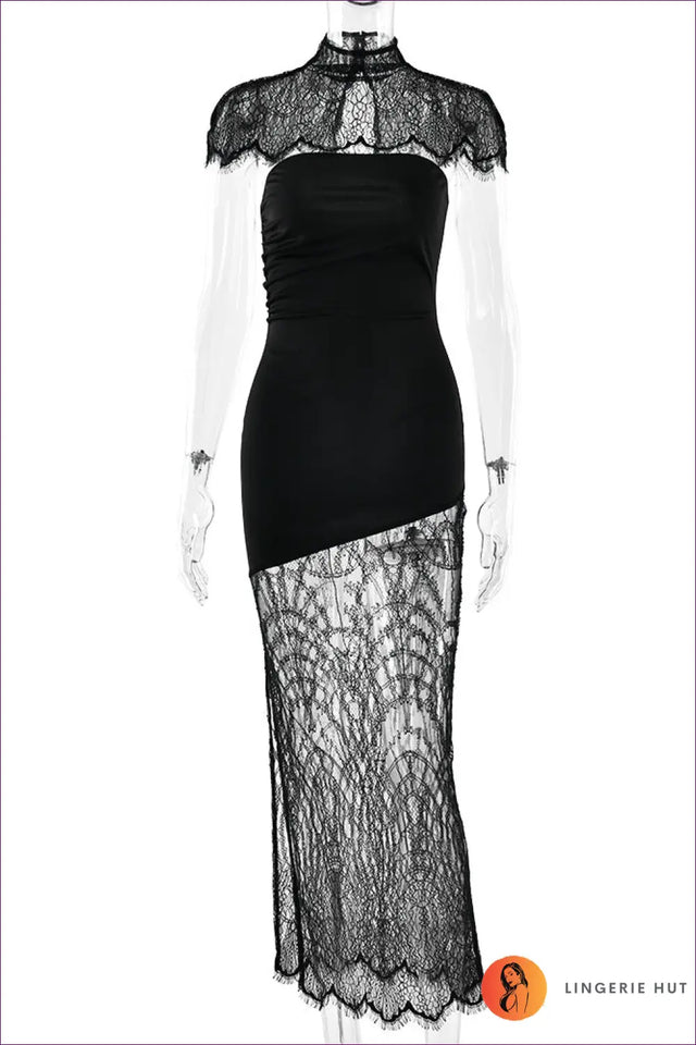Maxi Dress with Lace Cape Overlay - Dramatic Evening Muse