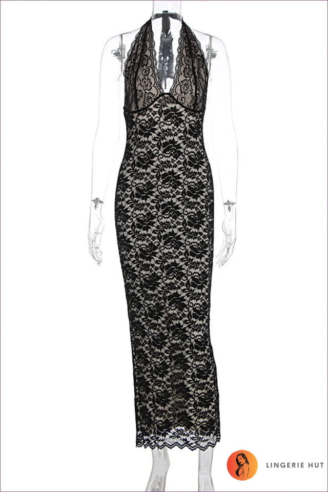 Lace Maxi Dress with Halter & Backless Cut - Understated Glamour