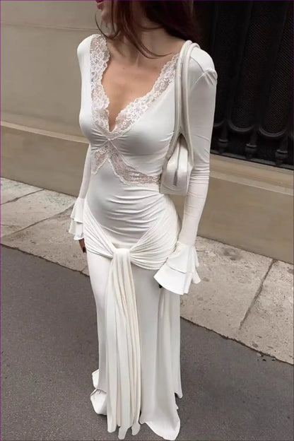 Maxi Dress with Lace Panel and Draped Waist - Effortless Romance for Dresses, Evening Wear, Everyday, Floral,