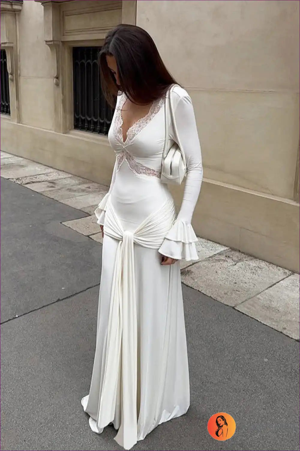 Maxi Dress with Lace Panel and Draped Waist - Effortless Romance for Dresses, Evening Wear, Everyday, Floral,