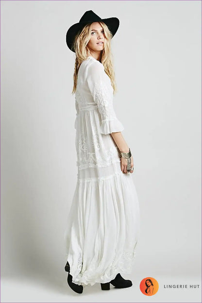 Maxi Dress with Lace Panels - Bohemian Romance for All Season, Autumn, Boho, Dress, Evening Wear