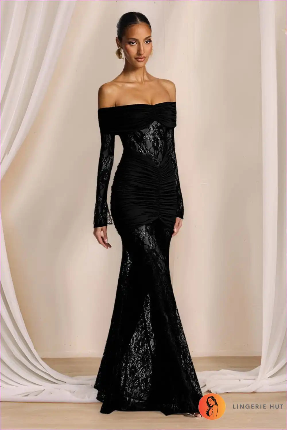 Maxi Dress with Lace Panels - Romantic Drama for All Season, Bodycon, Cutout, Dress, Evening Wear