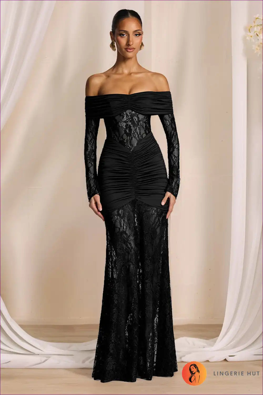 Maxi Dress with Lace Panels - Romantic Drama for All Season, Bodycon, Cutout, Dress, Evening Wear