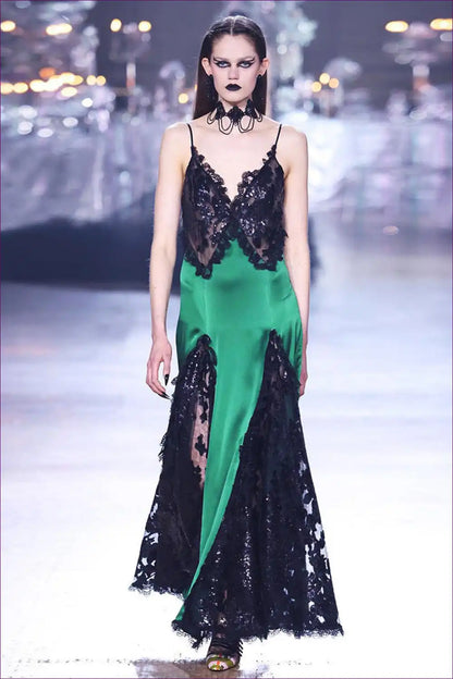 Maxi Dress with Lace and Sequin Panels - Gothic Glamour for All Season, Boudoir, Cutout, Dress, Evening Wear