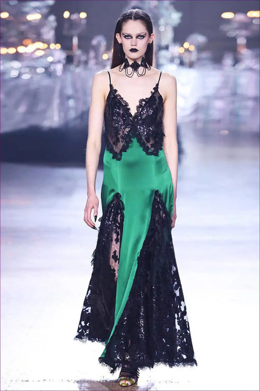 Maxi Dress with Lace and Sequin Panels - Gothic Glamour for All Season, Boudoir, Cutout, Dress, Evening Wear