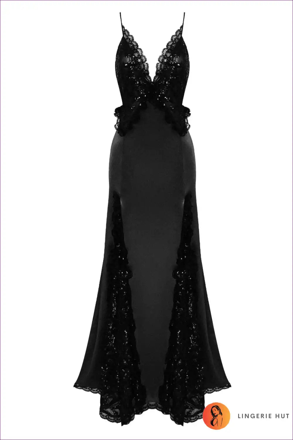 Maxi Dress with Lace and Sequin Panels - Gothic Glamour for All Season, Boudoir, Cutout, Dress, Evening Wear