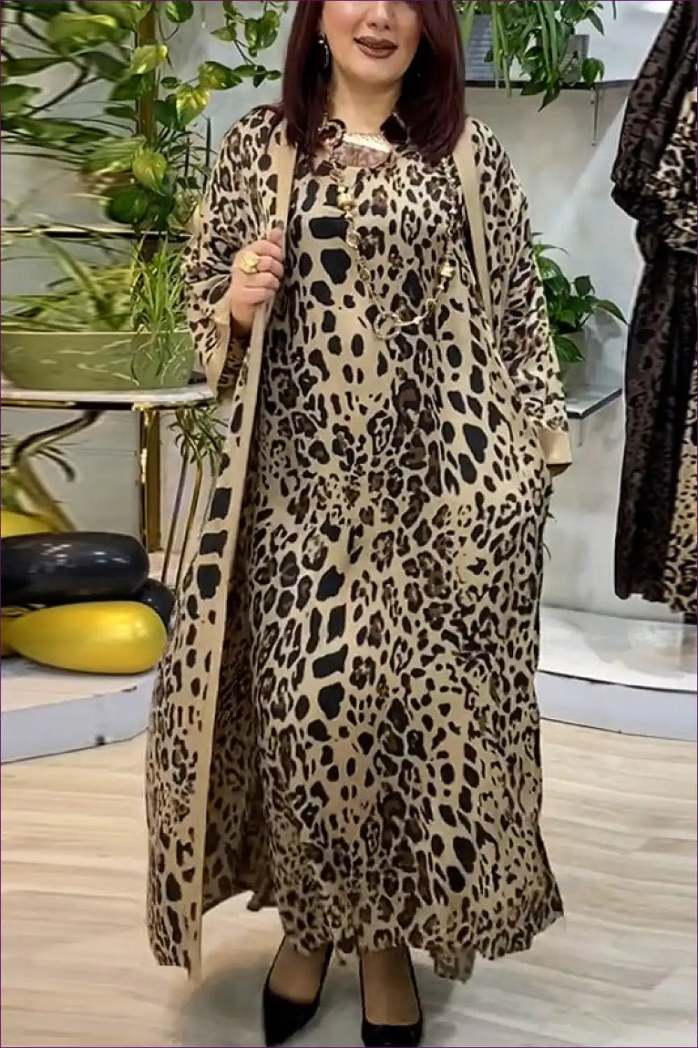 Maxi Dress with Leopard Print Cardigan Set - Safari Chic for All Season, Animal, Casual, co Ord,