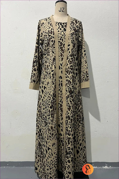 Maxi Dress with Leopard Print Cardigan Set - Safari Chic for All Season, Animal, Casual, co Ord,