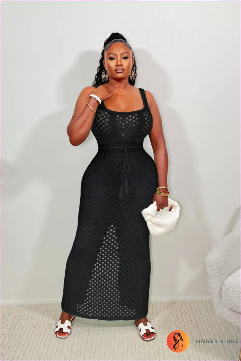 Maxi Dress with Mesh Overlay - Beach Club Elegance for Beachwear, Casual, Cutout, Dress, Evening Wear