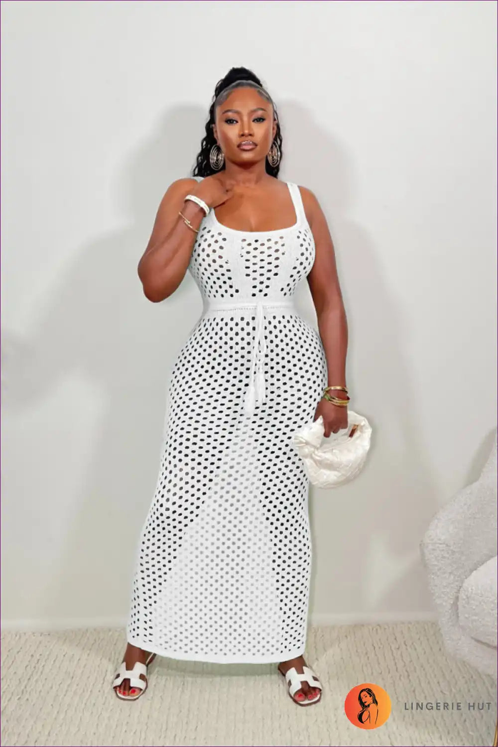 Maxi Dress with Mesh Overlay - Beach Club Elegance for Beachwear, Casual, Cutout, Dress, Evening Wear