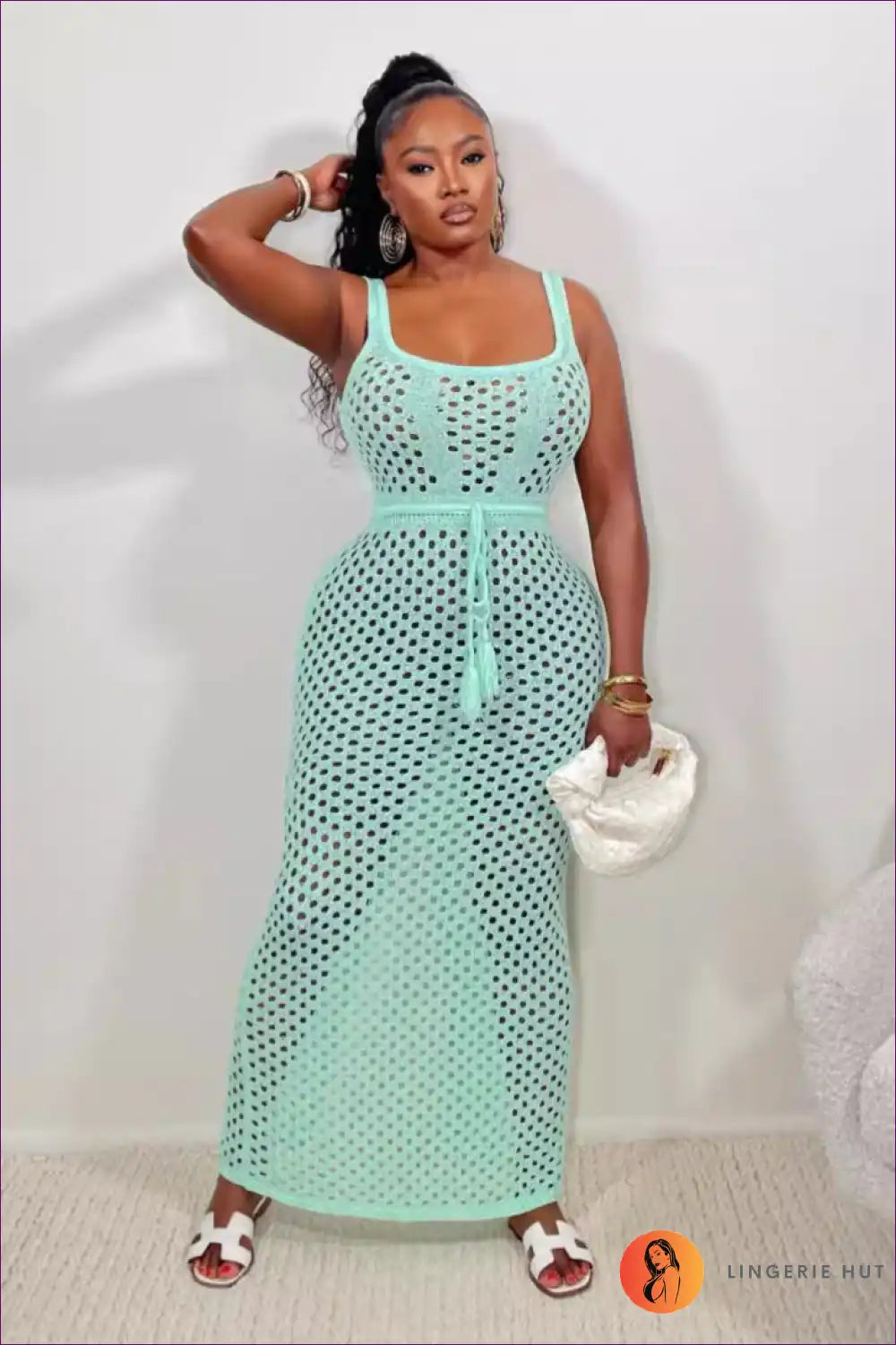 Maxi Dress with Mesh Overlay - Beach Club Elegance for Beachwear, Casual, Cutout, Dress, Evening Wear