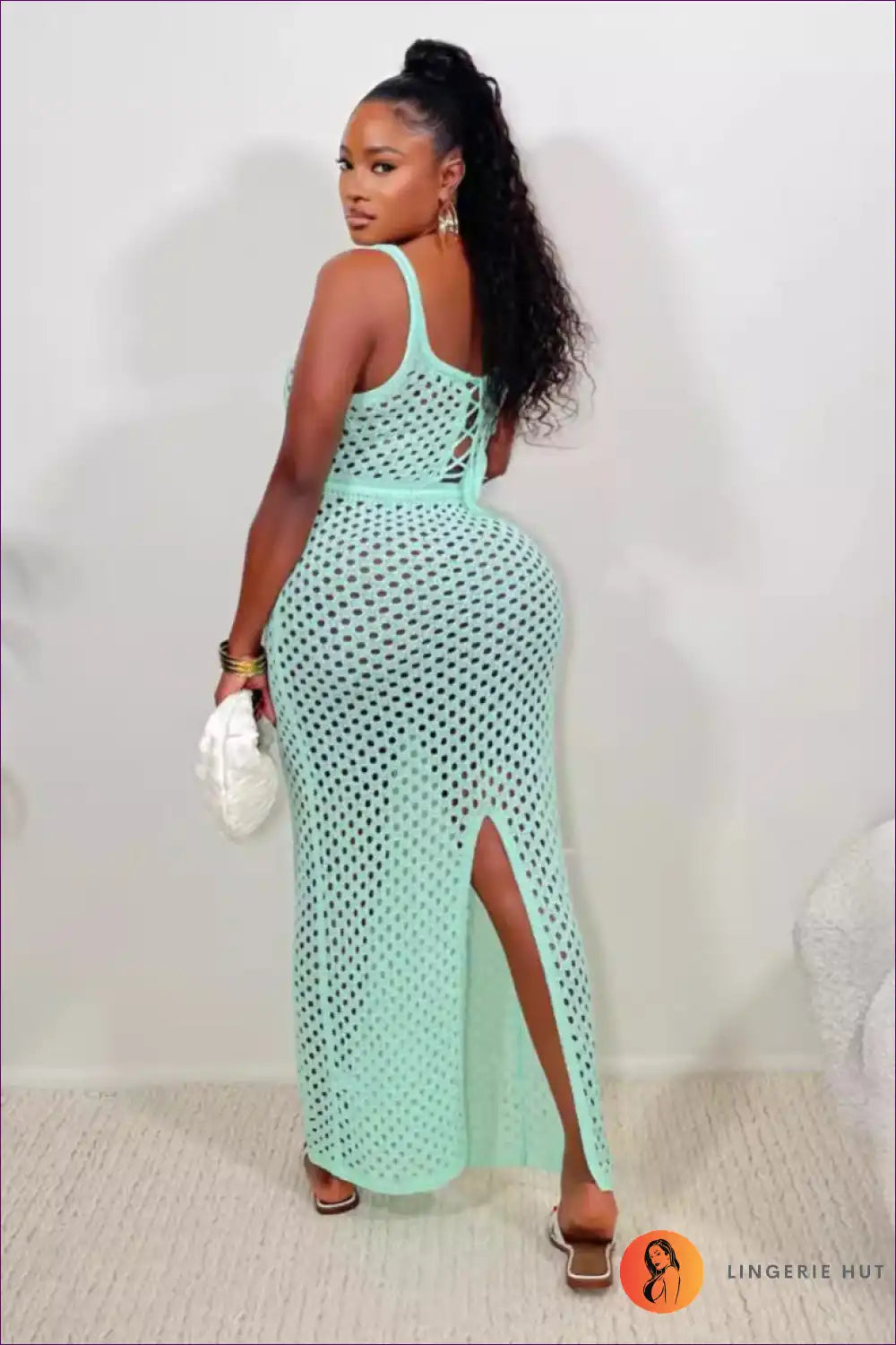 Maxi Dress with Mesh Overlay - Beach Club Elegance for Beachwear, Casual, Cutout, Dress, Evening Wear