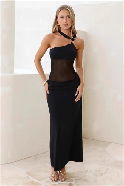 Maxi Dress with Mesh Panel - Statement Confidence for All Season, Bodycon, Cutout, Dress, Evening Wear