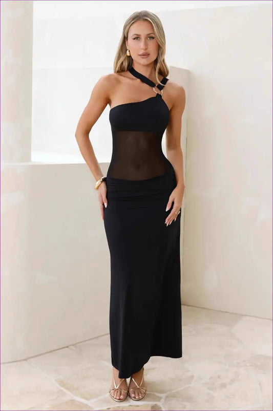 Maxi Dress with Mesh Panel - Statement Confidence for All Season, Bodycon, Cutout, Dress, Evening Wear