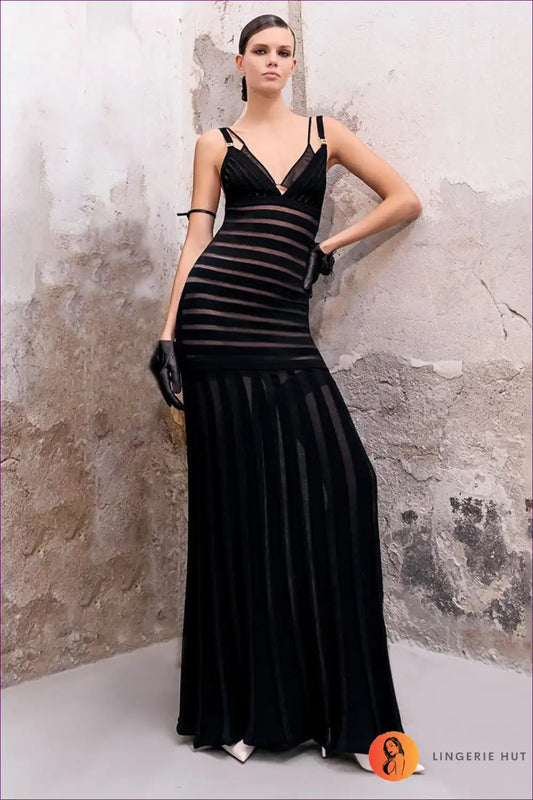 Maxi Dress with Mesh Panels - Contemporary Allure for All Season, Cutout, Dress, Evening Wear, Formal Wear