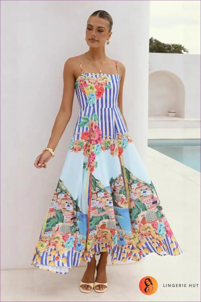 Maxi Dress with Mixed Print Panels - Mediterranean Escape