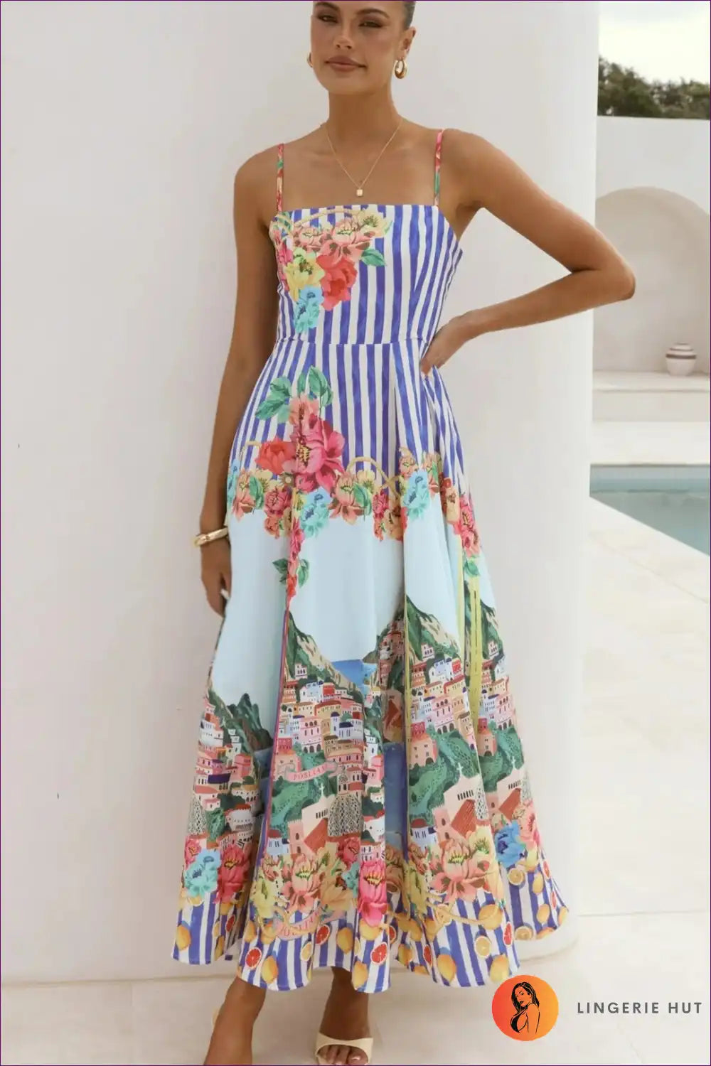 Maxi Dress with Mixed Print Panels - Mediterranean Escape for A-line, Boho, Casual, Dress, Everyday