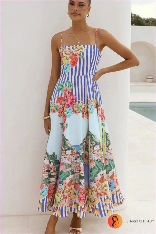 Maxi Dress with Mixed Print Panels - Mediterranean Escape