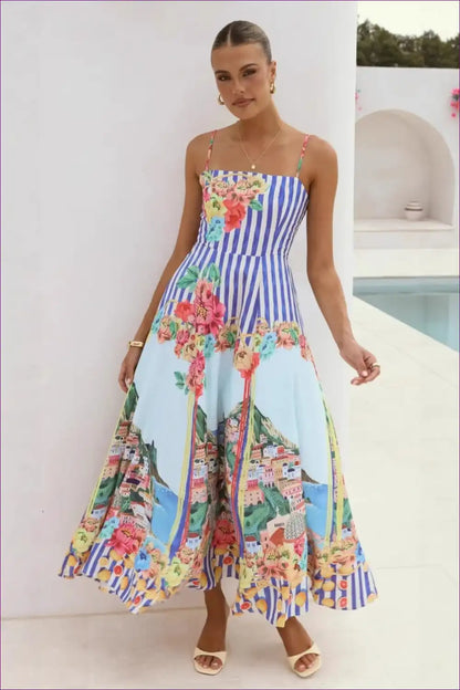Maxi Dress with Mixed Print Panels - Mediterranean Escape for A-line, Boho, Casual, Dress, Everyday