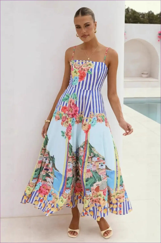 Maxi Dress with Mixed Print Panels - Mediterranean Escape for A-line, Boho, Casual, Dress, Everyday