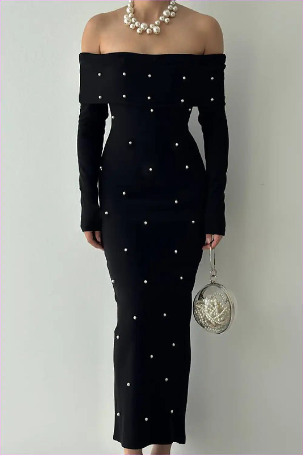 Maxi Dress with Pearl Embellishments - Sophisticated Glamour for Autumn, Backless, Bodycon, Dress, Evening