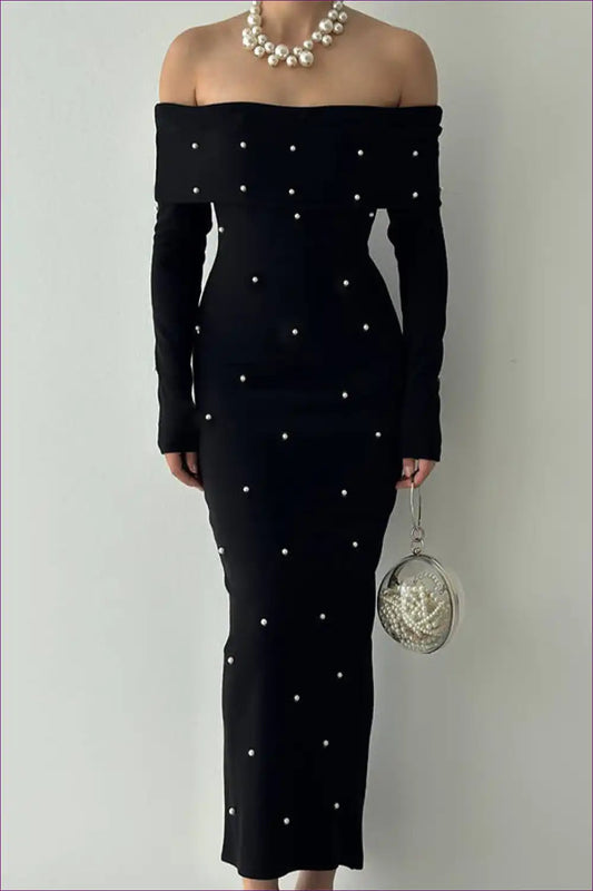 Maxi Dress with Pearl Embellishments - Sophisticated Glamour for Autumn, Backless, Bodycon, Dress, Evening