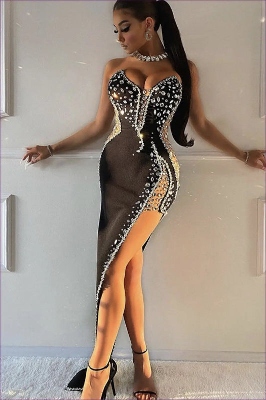 Rhinestone Maxi Dress - Understated Red Carpet Glamour - Dresses - Lingerie Hut - All Season • Bodycon • Cutout