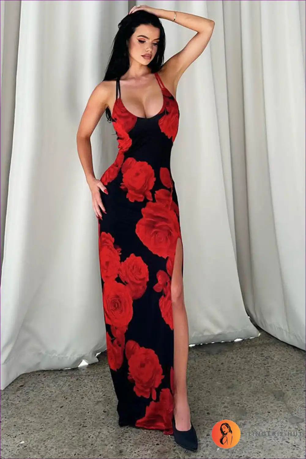 Maxi Dress with Rose Print - Romantic Evenings for Backless, Cutout, Date Night, Dress, Evening Wear