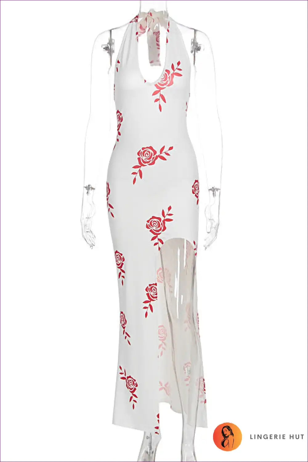 Maxi Dress with Rose Print - Romantic Evenings for Backless, Cutout, Dress, Evening Wear, Floral