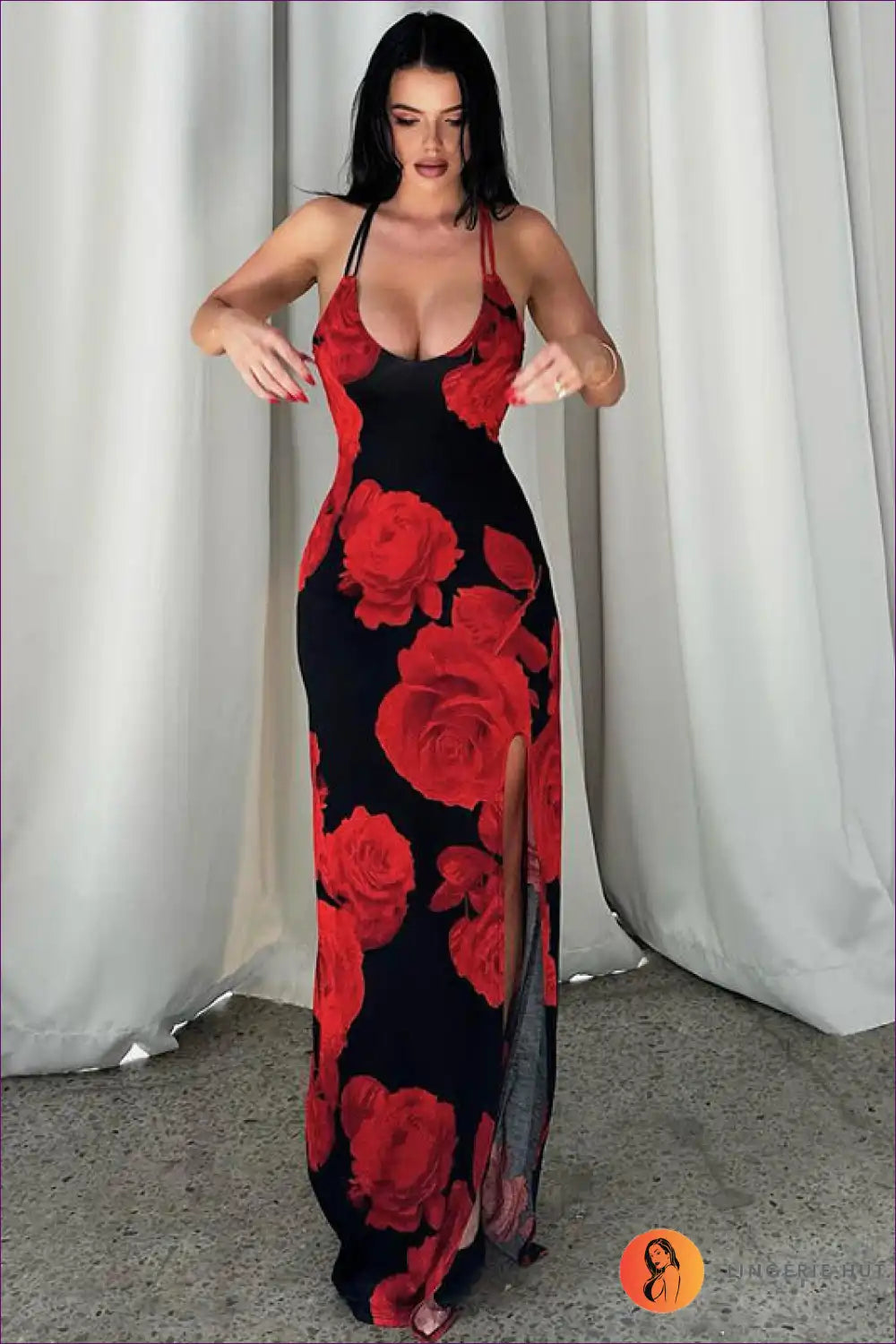 Maxi Dress with Rose Print - Romantic Evenings for Backless, Cutout, Date Night, Dress, Evening Wear
