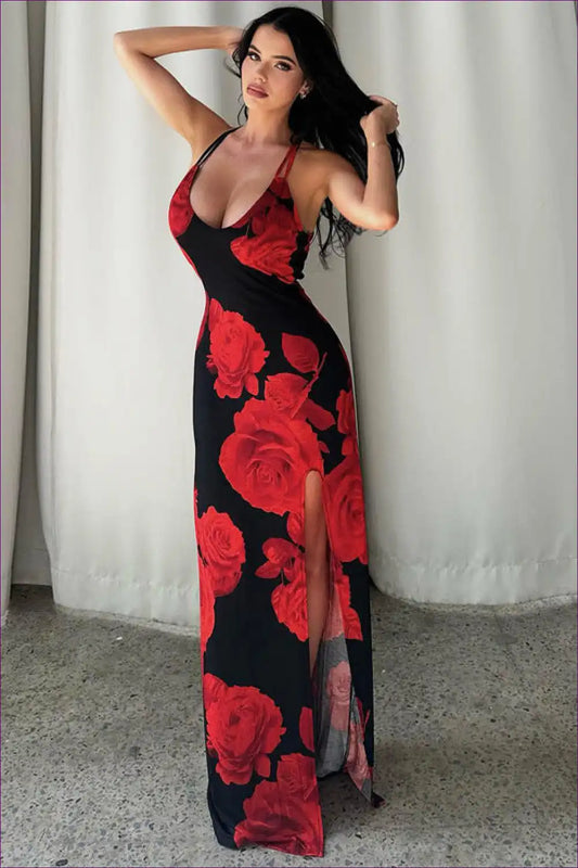 Maxi Dress with Rose Print - Romantic Evenings for Backless, Cutout, Date Night, Dress, Evening Wear