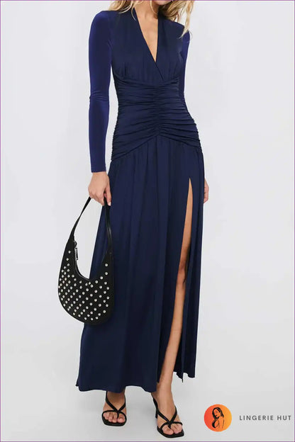 Maxi Dress with Ruched Waist - Dramatic Evenings for A-line, Autumn, Dress, Evening Wear, Formal Wear