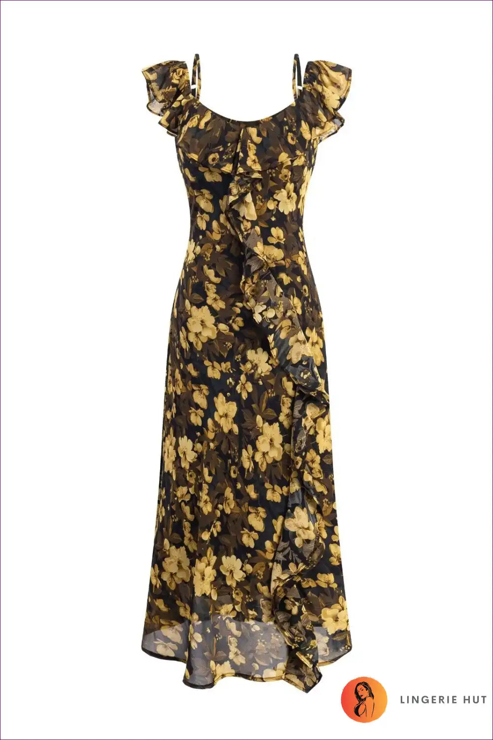 Maxi Dress with Ruffle Details - Bohemian Luxury for Boho, Chiffon, Dress, Evening Wear, Floral