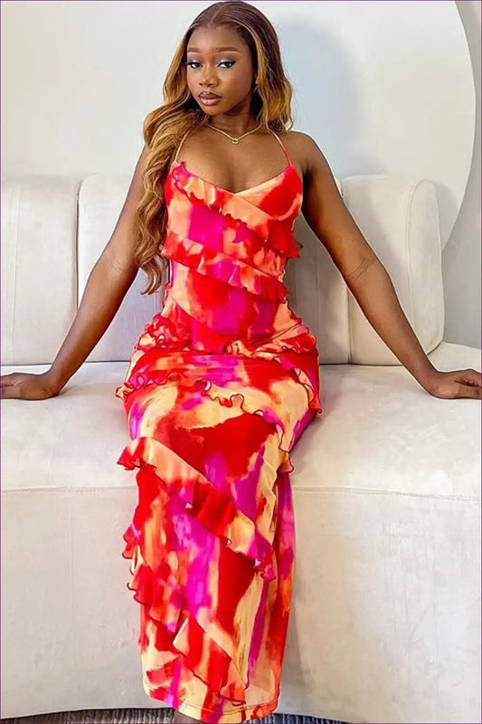 Maxi Dress with Ruffle Details - Sunset Goddess for A-line, Backless, Beachwear, Boho, Casual