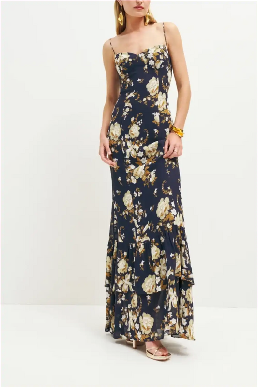 Maxi Dress with Ruffle Hem - Seaside Sophistication for A-line, Boho, Casual, Cutout,