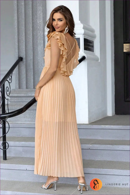 Ruffle Shoulder Maxi Dress - Effortless Occasion Elegance - Bra Set - Lingerie Hut - A-line • Boudoir • Chiffon • Cutout