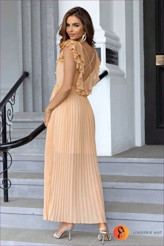 Ruffle Shoulder Maxi Dress - Effortless Occasion Elegance - Bra Set - Lingerie Hut - A-line • Boudoir • Chiffon • Cutout