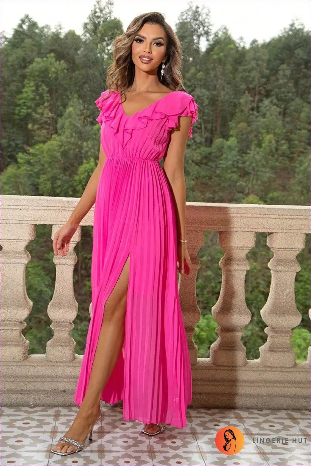 Ruffle Shoulder Maxi Dress - Effortless Occasion Elegance - Xs / Rose - Bra Set - Lingerie Hut - A-line • Boudoir