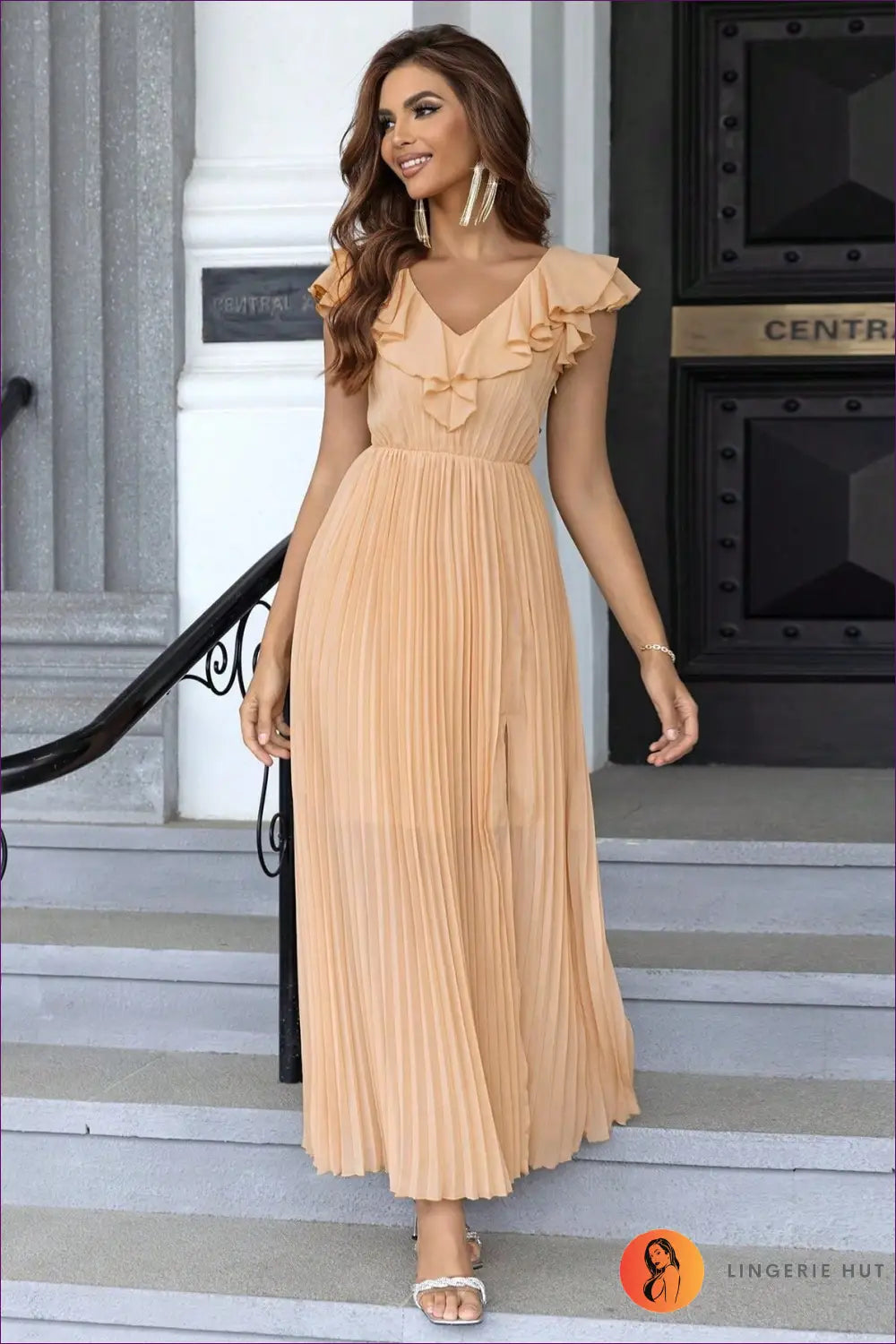 Ruffle Shoulder Maxi Dress - Effortless Occasion Elegance - Bra Set - Lingerie Hut - A-line • Boudoir • Chiffon • Cutout