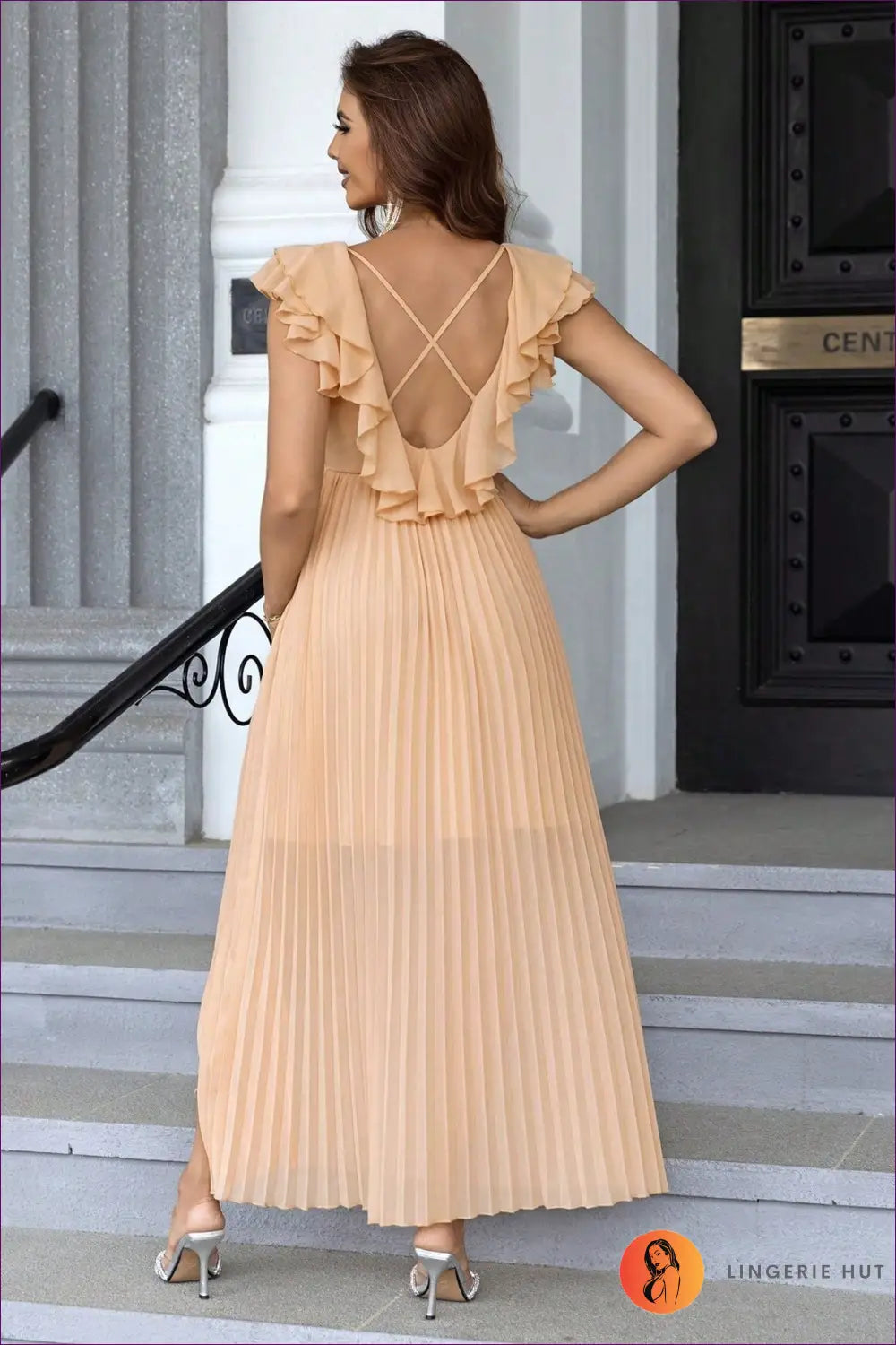 Ruffle Shoulder Maxi Dress - Effortless Occasion Elegance - Bra Set - Lingerie Hut - A-line • Boudoir • Chiffon • Cutout