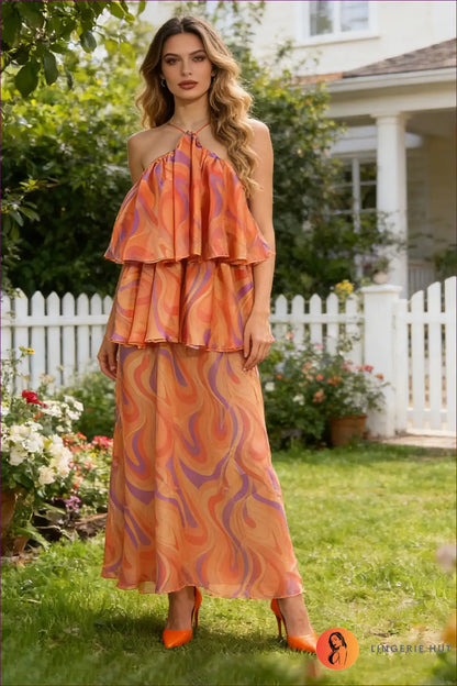Maxi Dress with Ruffled Halter - Retro Summer Ease - s / Orange - Dresses - Lingerie Hut - A-line • Boho • Casual