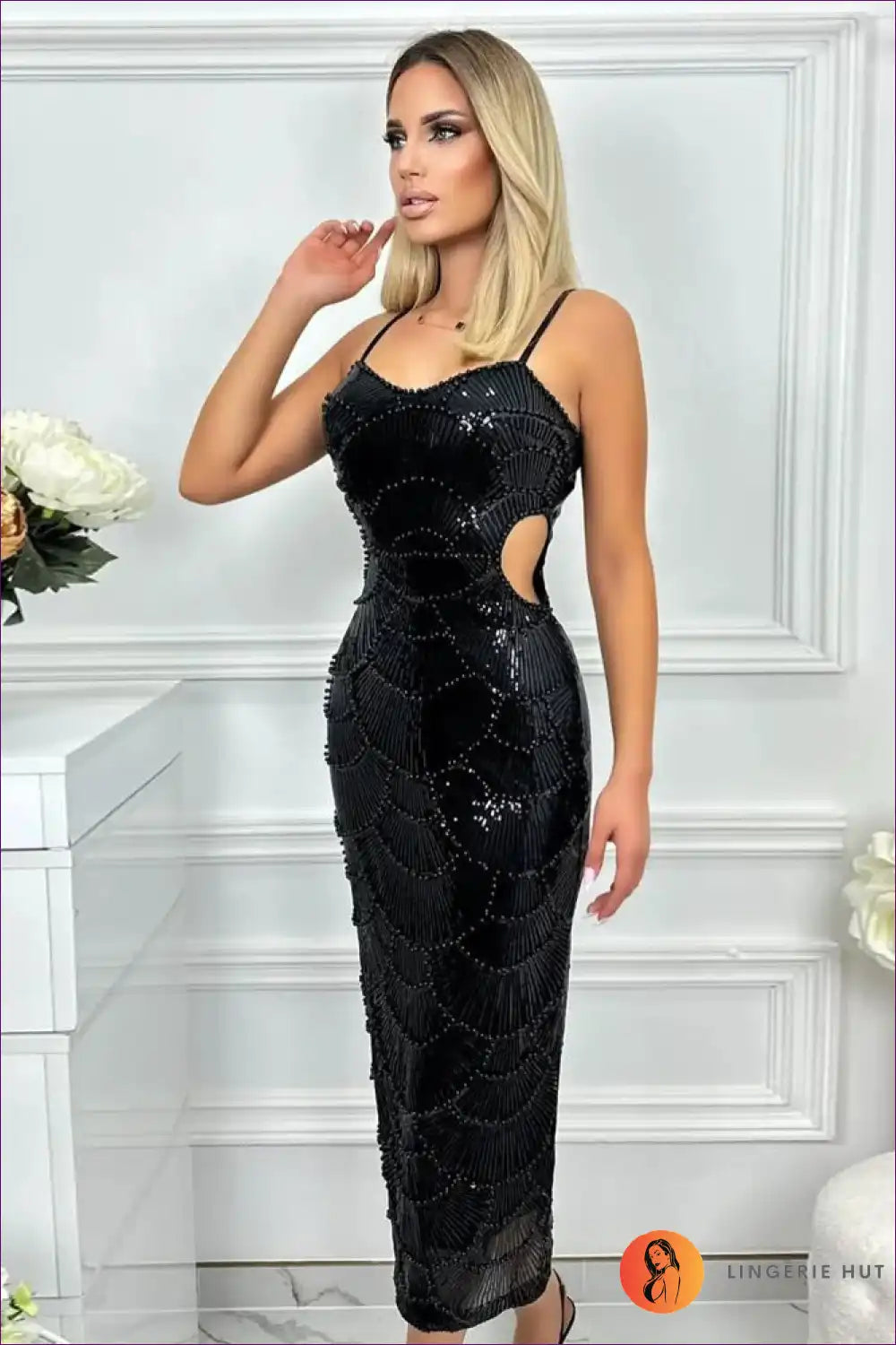 Maxi Dress with Scalloped Beading - Holiday Elegance for Autumn, Backless, Cutout, Dress, Evening Wear