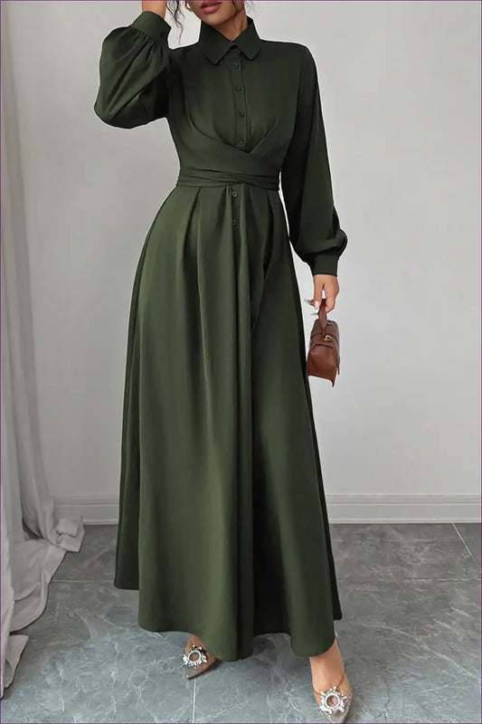 Maxi Dress with Self-belt Detail - Effortless Authority for A-line, All Season, Autumn, Casual,